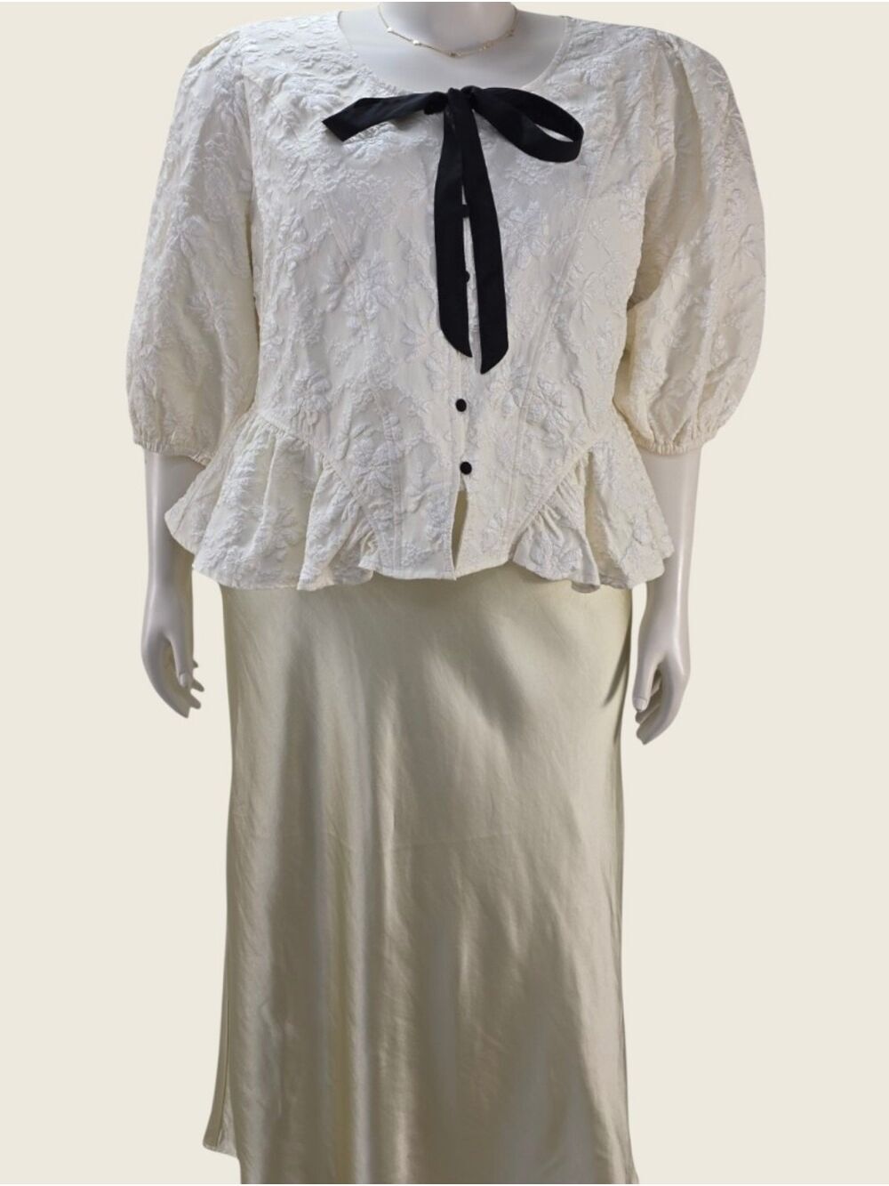 Oddi 3X Ivory Floral Jacquard Peplum Blouse Bow Puff Sleeve Cottagecore NWT